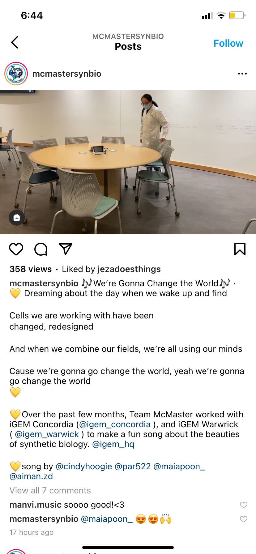 A photo of the music video for the song, posted on the McMaster social media